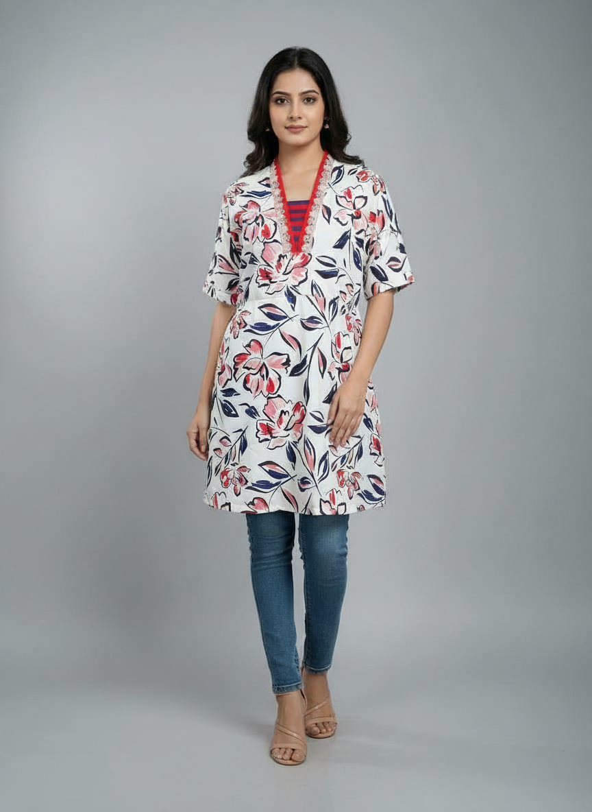 Women's Floral Print V-Neck Kurti | A-Line Casual Tunic Top for Daily Wear