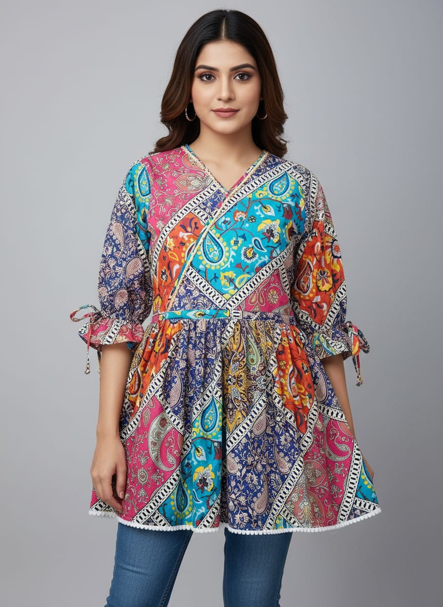 Women's Patchwork Print A-Line Kurti | V-Neck Ethnic Tunic Top for Casual Wear