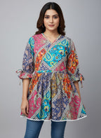 Women's Patchwork Print A-Line Kurti | V-Neck Ethnic Tunic Top for Casual Wear