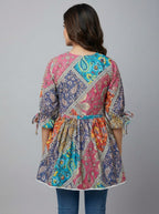 Women's Patchwork Print A-Line Kurti | V-Neck Ethnic Tunic Top for Casual Wear