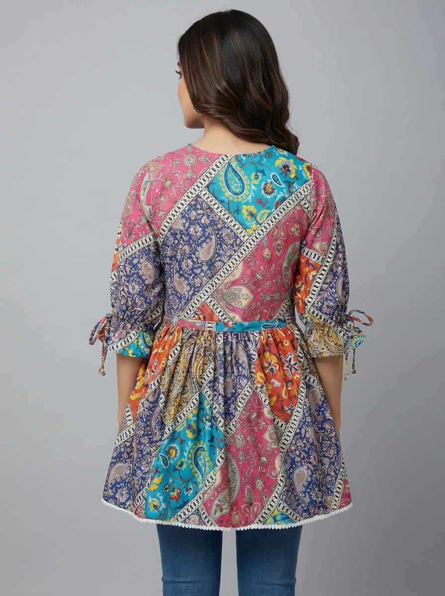 Women's Patchwork Print A-Line Kurti | V-Neck Ethnic Tunic Top for Casual Wear