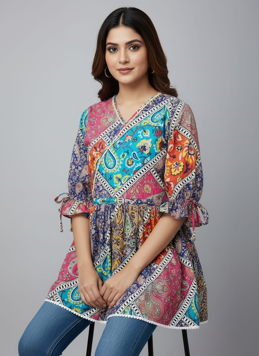 Women's Patchwork Print A-Line Kurti | V-Neck Ethnic Tunic Top for Casual Wear