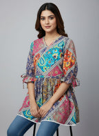 Women's Patchwork Print A-Line Kurti | V-Neck Ethnic Tunic Top for Casual Wear