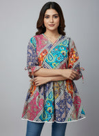 Women's Patchwork Print A-Line Kurti | V-Neck Ethnic Tunic Top for Casual Wear