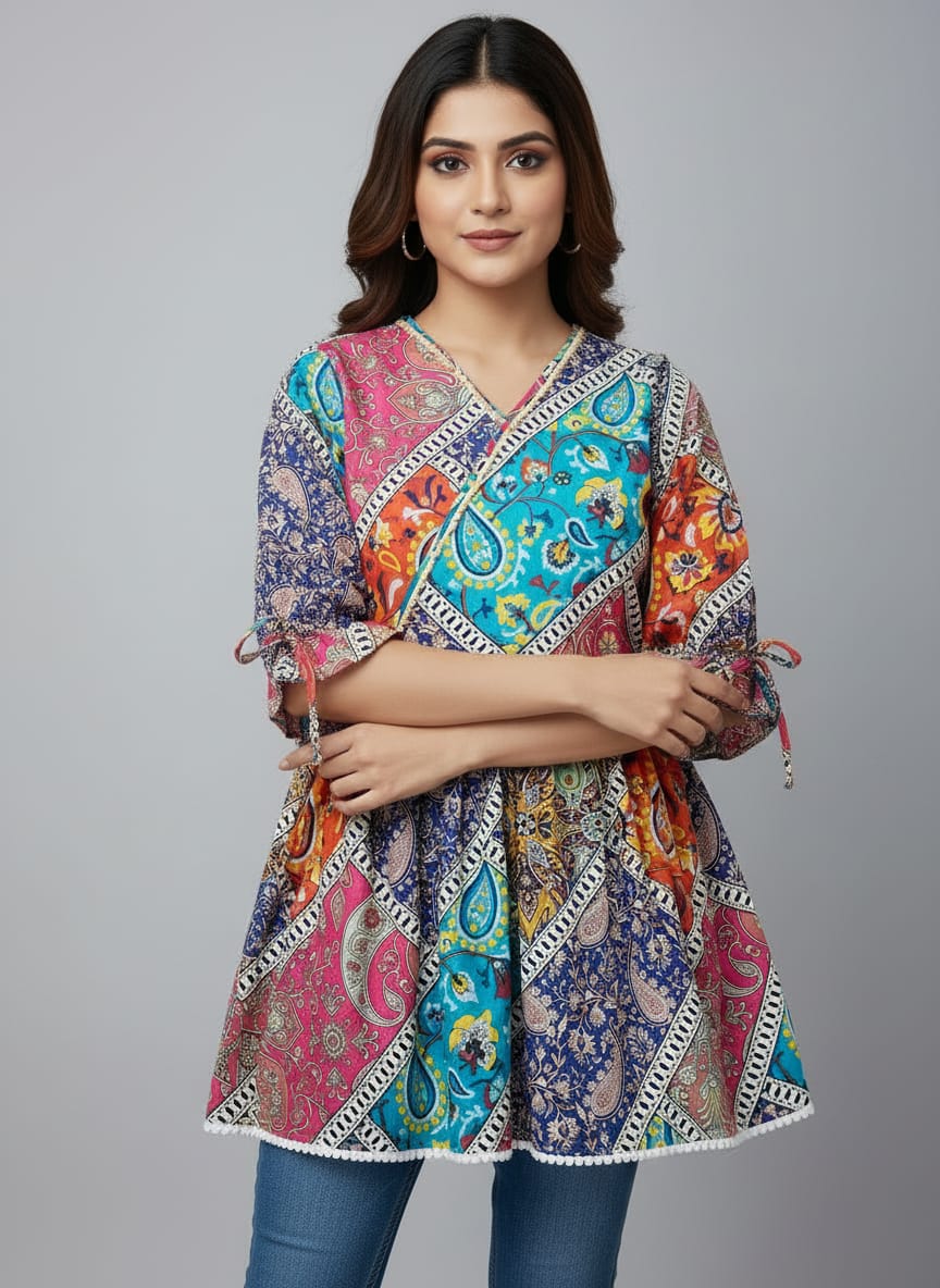 Women's Patchwork Print A-Line Kurti | V-Neck Ethnic Tunic Top for Casual Wear