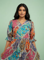 Women's Patchwork Print A-Line Kurti | V-Neck Ethnic Tunic Top for Casual Wear