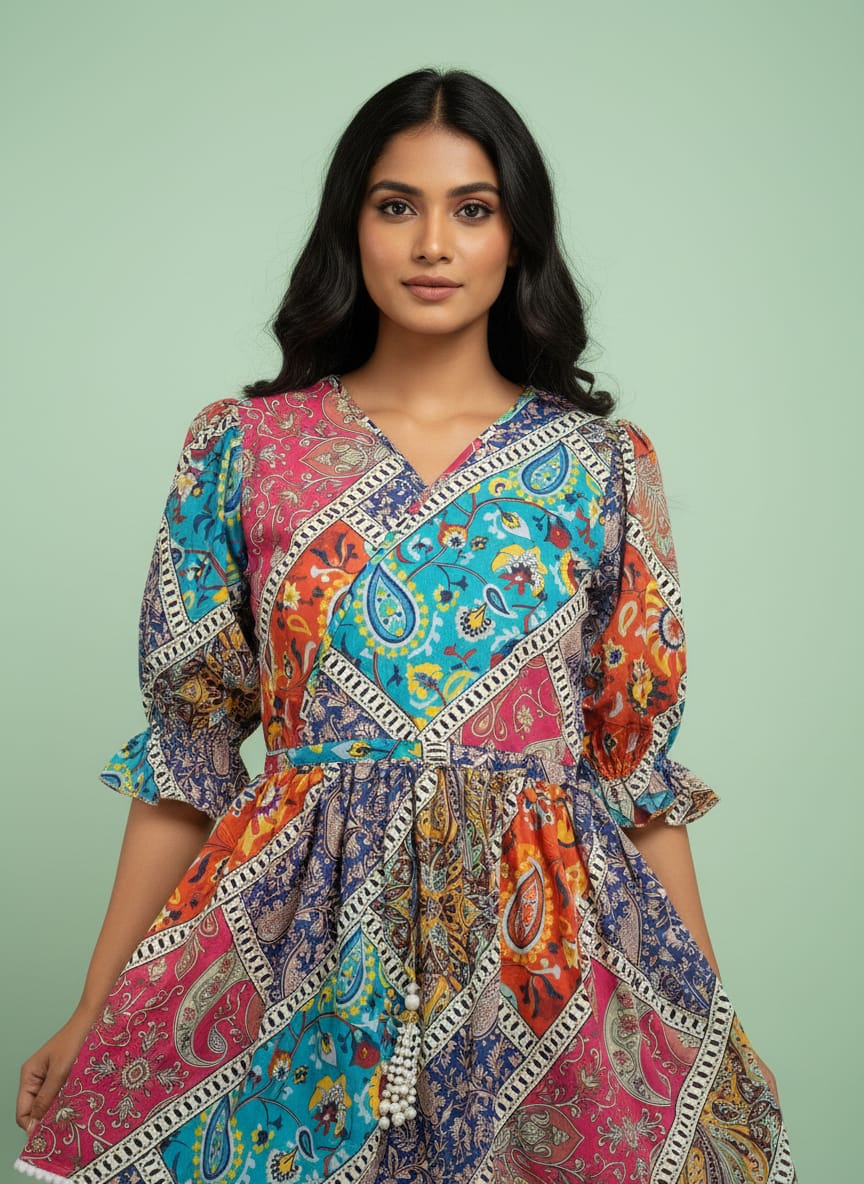 Women's Patchwork Print A-Line Kurti | V-Neck Ethnic Tunic Top for Casual Wear