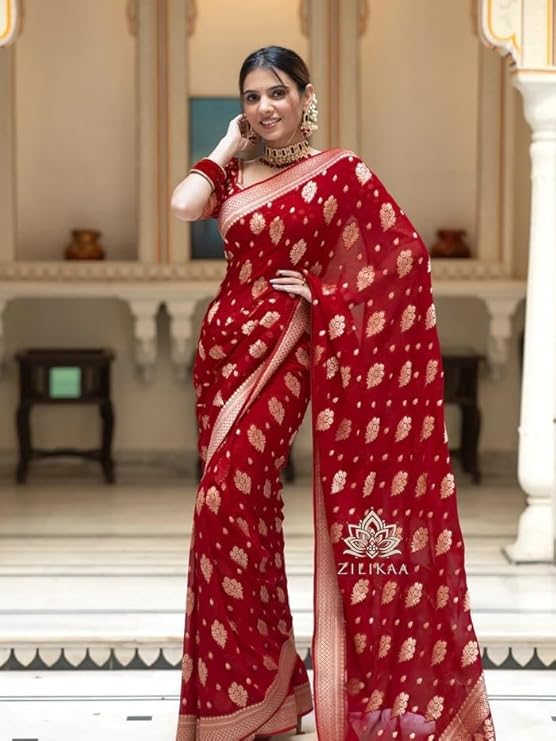Silk Saree with Traditional Butti Design & Zari Border – Wedding & Festive Wear