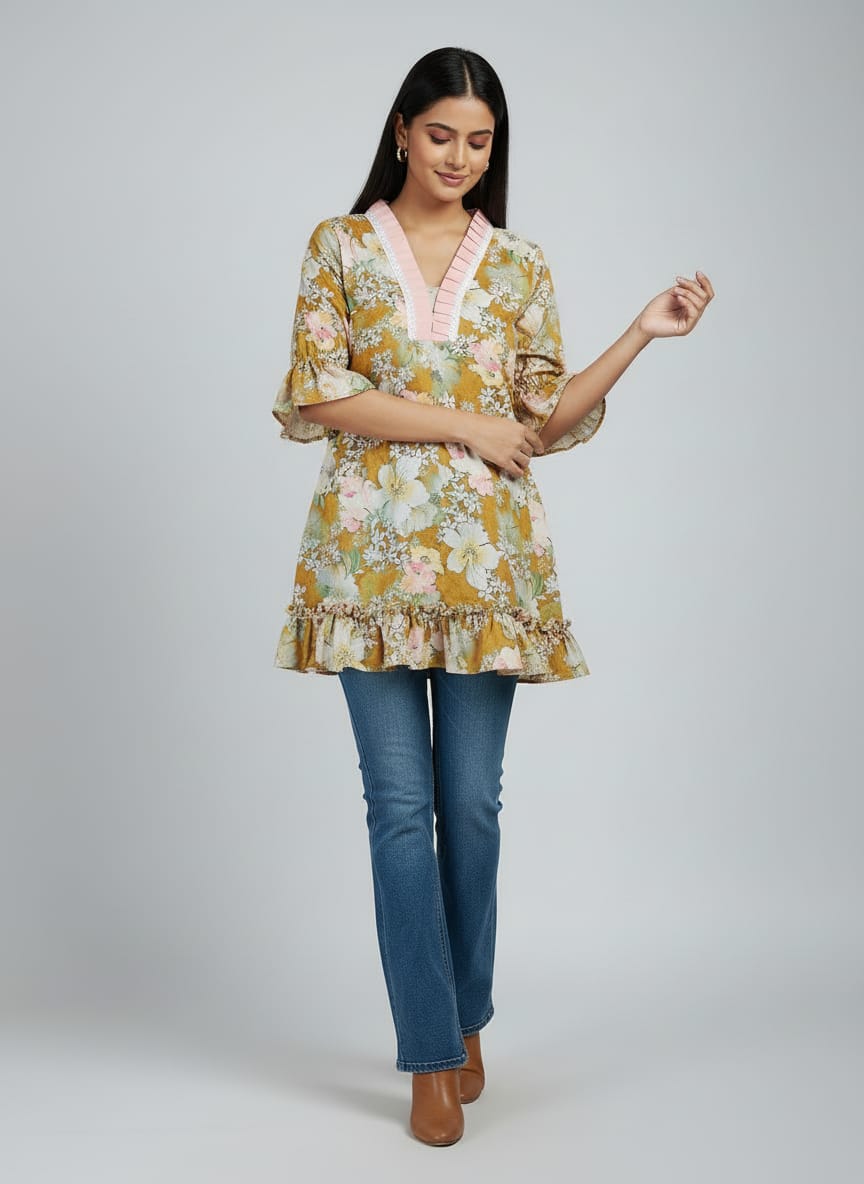 Women's Floral Print Bell Sleeve Kurti | V-Neck Designer Ethnic Tunic Top