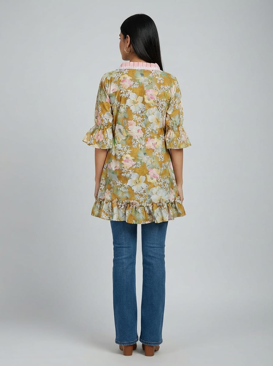 Women's Floral Print Bell Sleeve Kurti | V-Neck Designer Ethnic Tunic Top
