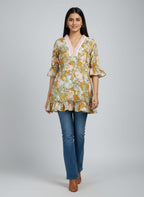 Women's Floral Print Bell Sleeve Kurti | V-Neck Designer Ethnic Tunic Top