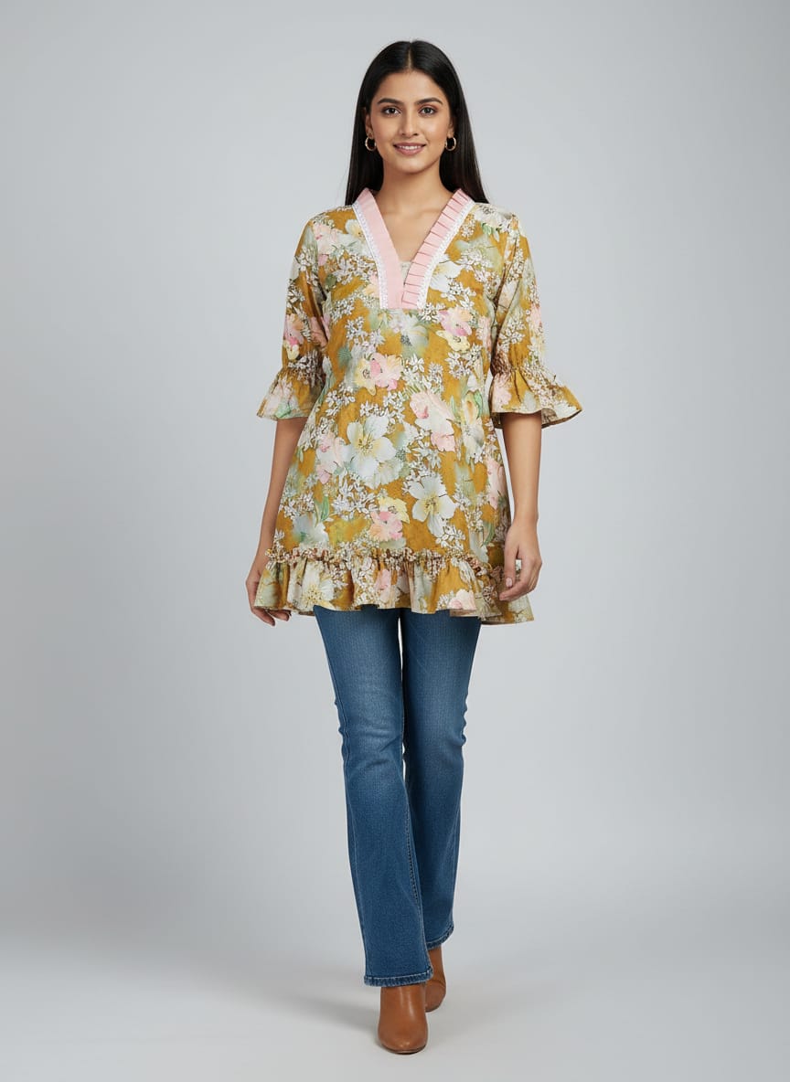 Women's Floral Print Bell Sleeve Kurti | V-Neck Designer Ethnic Tunic Top