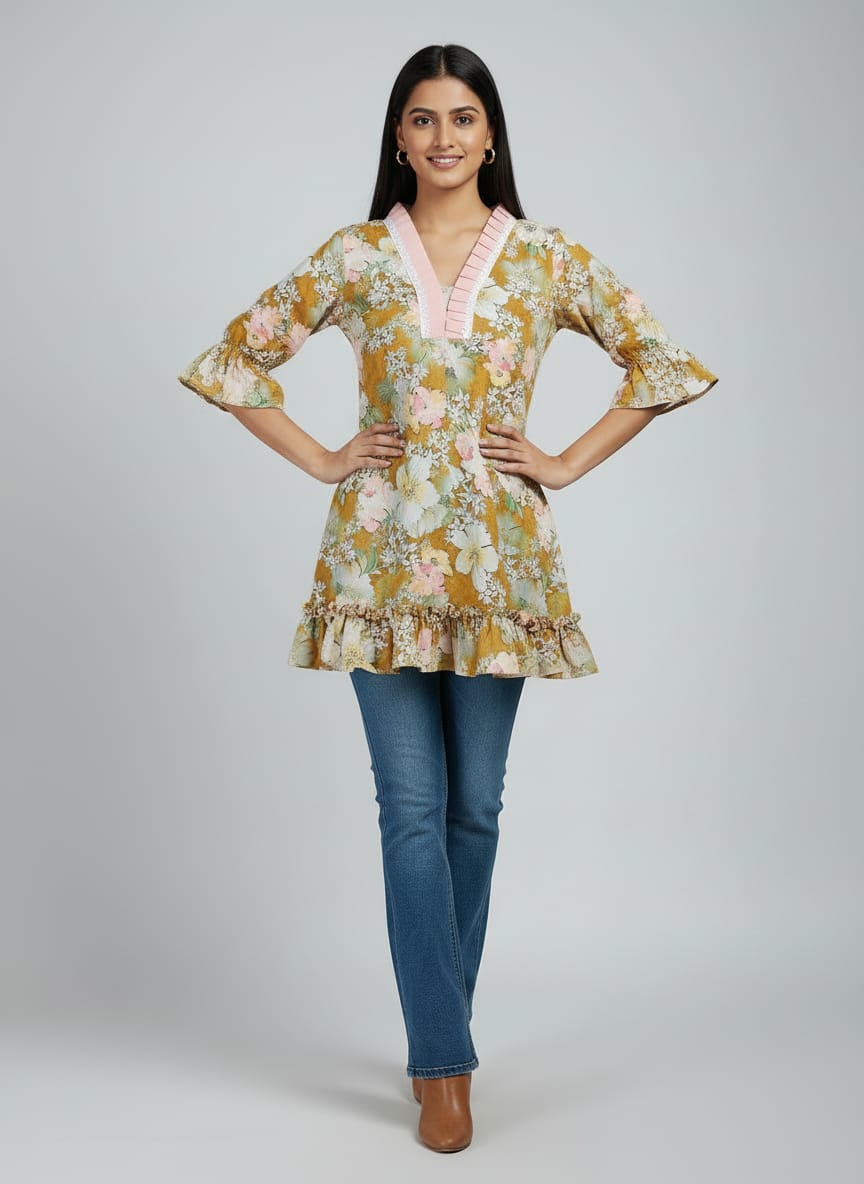 Women's Floral Print Bell Sleeve Kurti | V-Neck Designer Ethnic Tunic Top