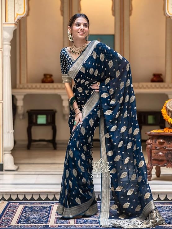 Silk Saree with Traditional Butti Design & Zari Border – Wedding & Festive Wear