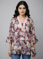Women's Floral Print Bell Sleeve Kurti | V-Neck Designer Ethnic Tunic Top