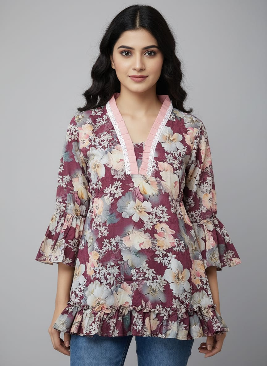 Women's Floral Print Bell Sleeve Kurti | V-Neck Designer Ethnic Tunic Top
