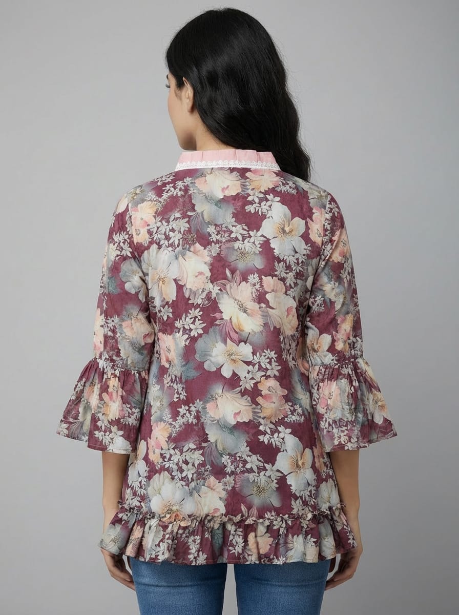 Women's Floral Print Bell Sleeve Kurti | V-Neck Designer Ethnic Tunic Top