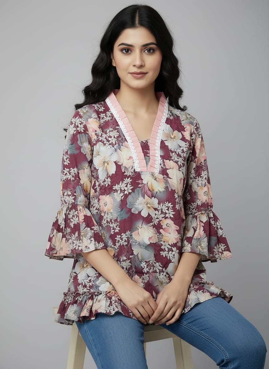 Women's Floral Print Bell Sleeve Kurti | V-Neck Designer Ethnic Tunic Top