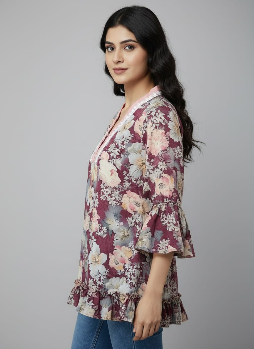 Women's Floral Print Bell Sleeve Kurti | V-Neck Designer Ethnic Tunic Top