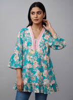 Women's Floral Print Bell Sleeve Kurti | V-Neck Designer Ethnic Tunic Top
