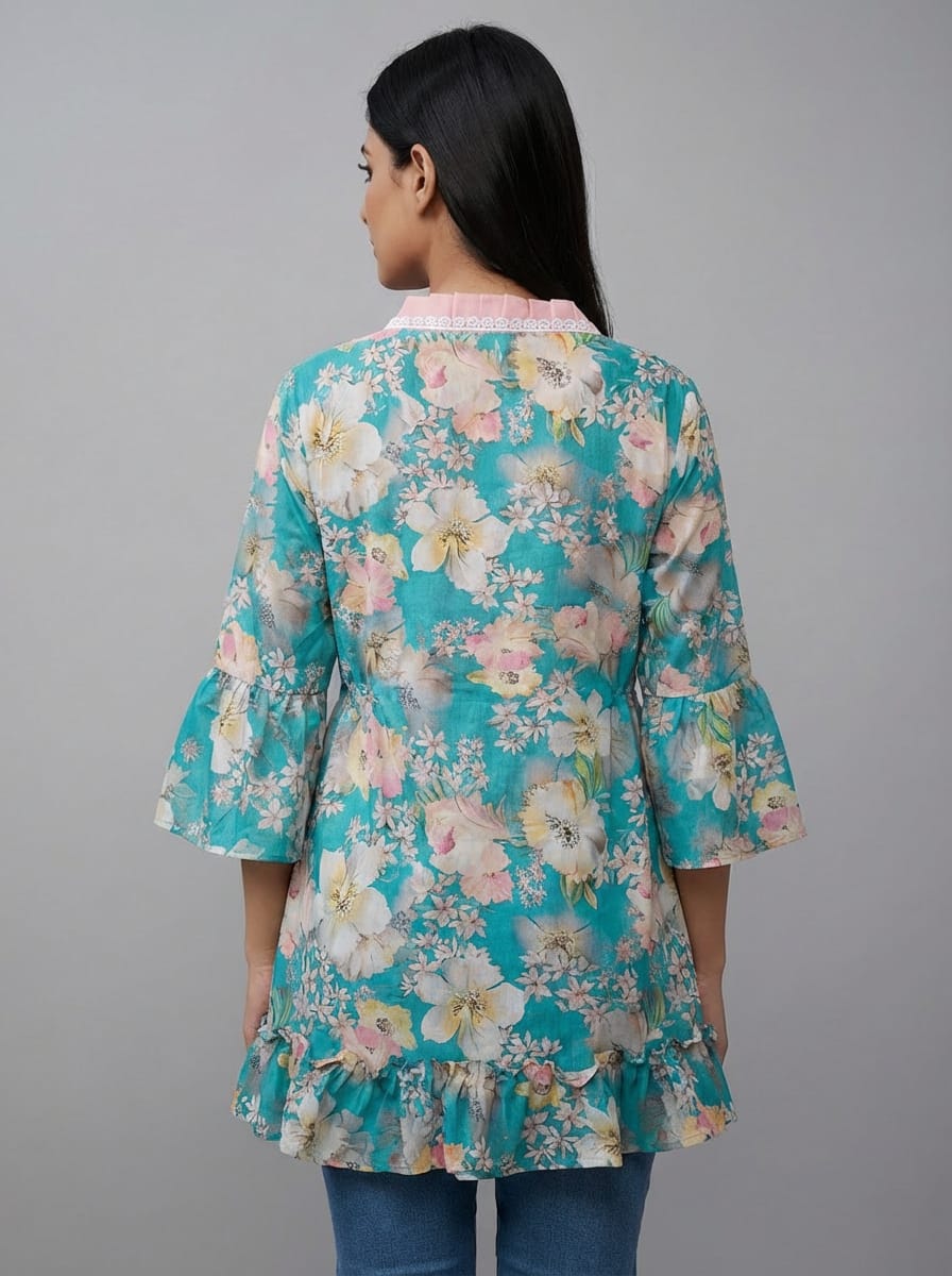 Women's Floral Print Bell Sleeve Kurti | V-Neck Designer Ethnic Tunic Top
