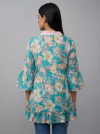 Women's Floral Print Bell Sleeve Kurti | V-Neck Designer Ethnic Tunic Top