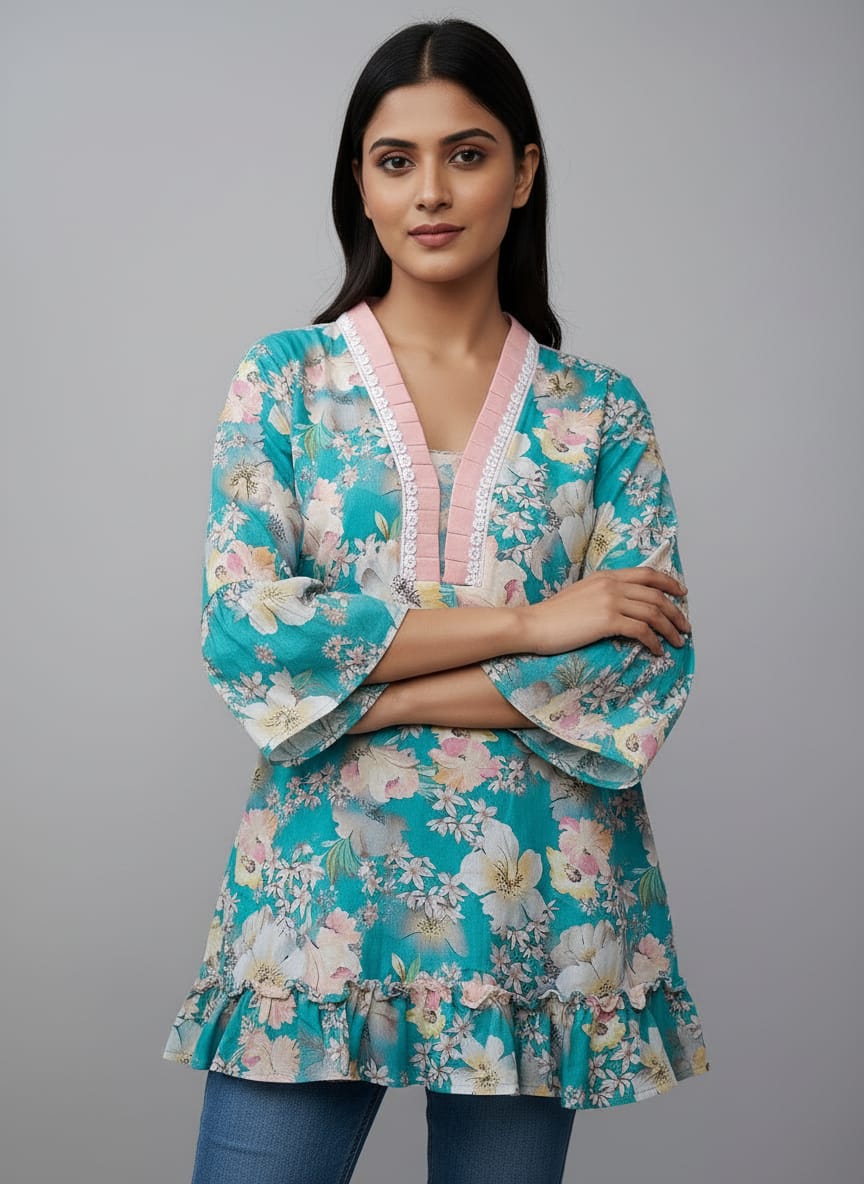 Women's Floral Print Bell Sleeve Kurti | V-Neck Designer Ethnic Tunic Top