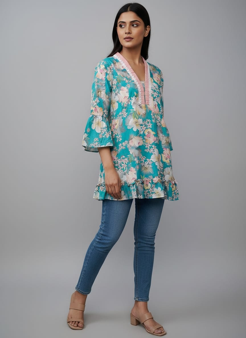 Women's Floral Print Bell Sleeve Kurti | V-Neck Designer Ethnic Tunic Top