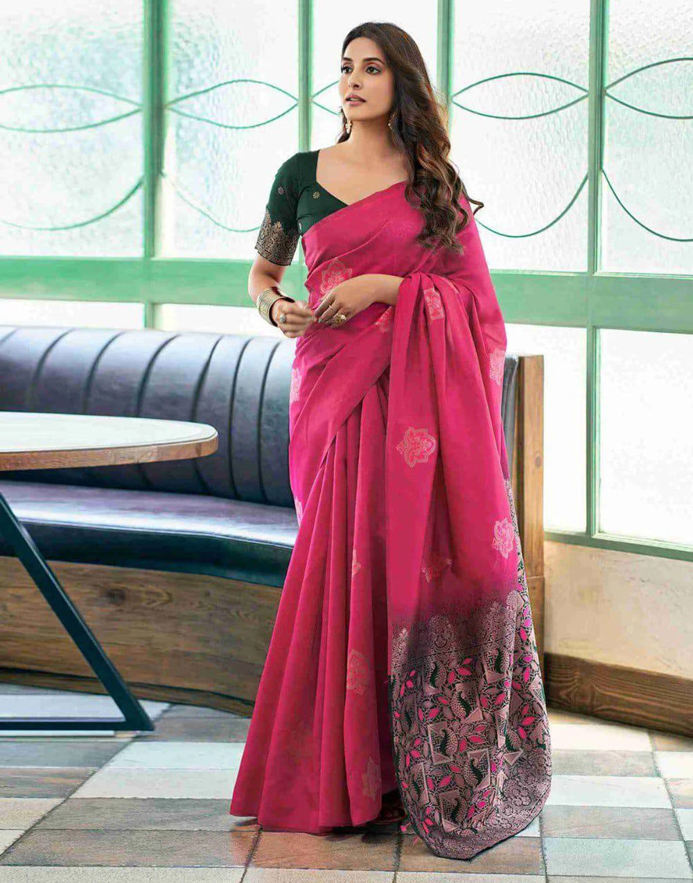 Women’s Banarasi Style Silk Saree with Rich Woven Border | Elegant Traditional Party Wear Saree