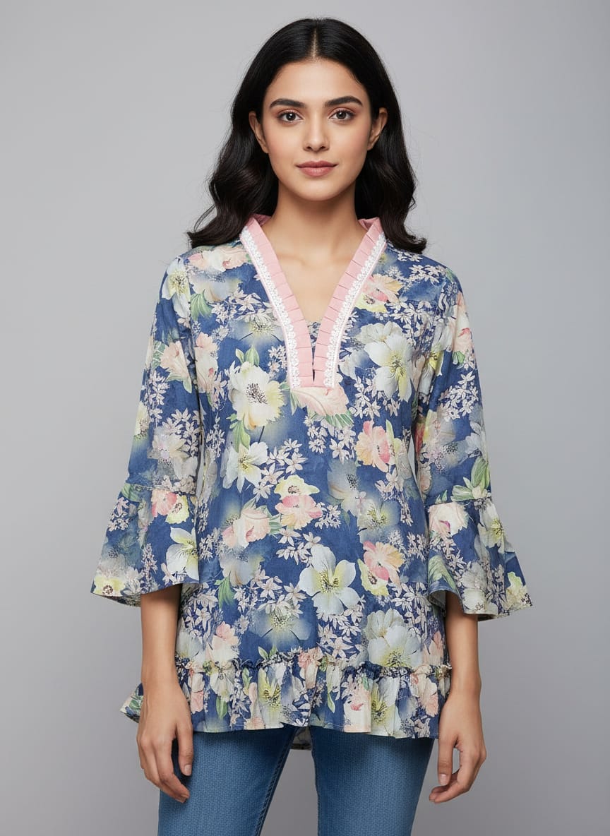 Women's Floral Print Bell Sleeve Kurti | V-Neck Designer Ethnic Tunic Top