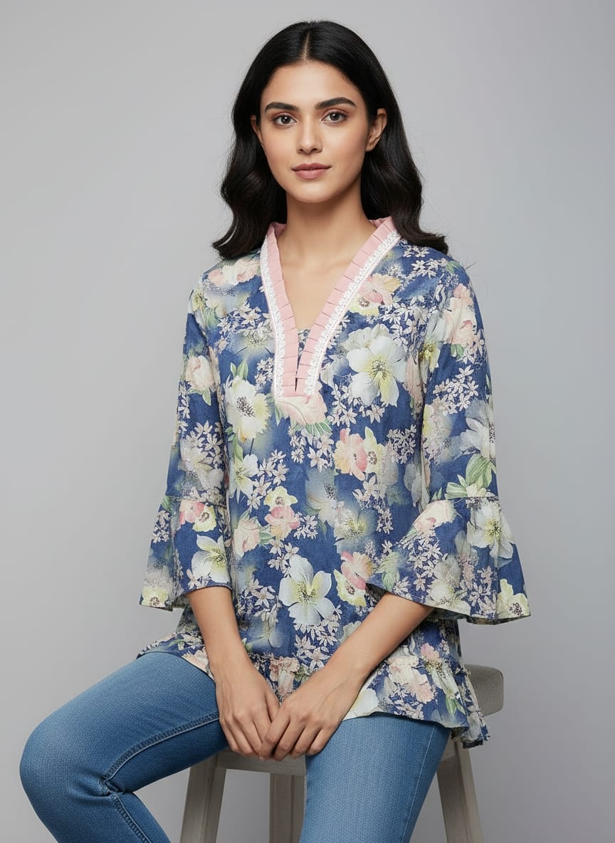 Women's Floral Print Bell Sleeve Kurti | V-Neck Designer Ethnic Tunic Top