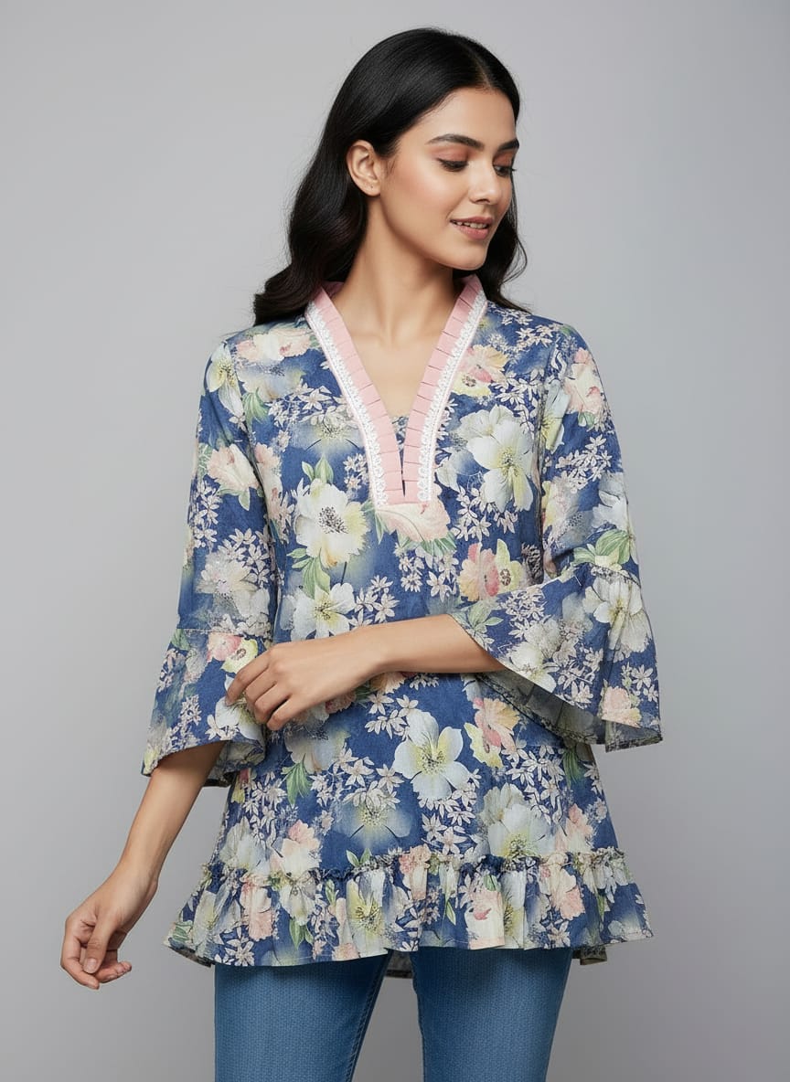Women's Floral Print Bell Sleeve Kurti | V-Neck Designer Ethnic Tunic Top