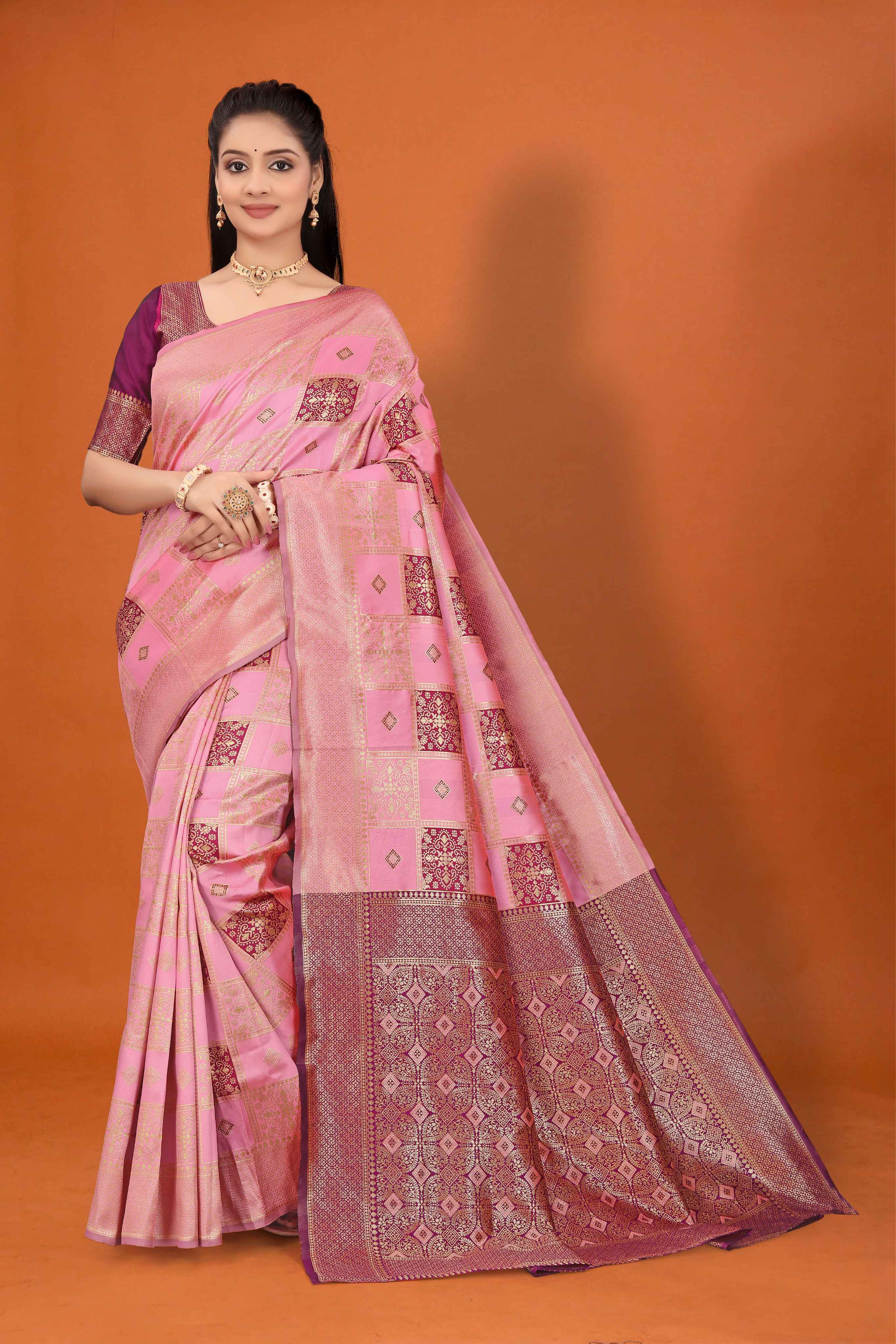 Banarasi Silk Saree for Women | Checkered Zari Design with Rich Pallu & Border
