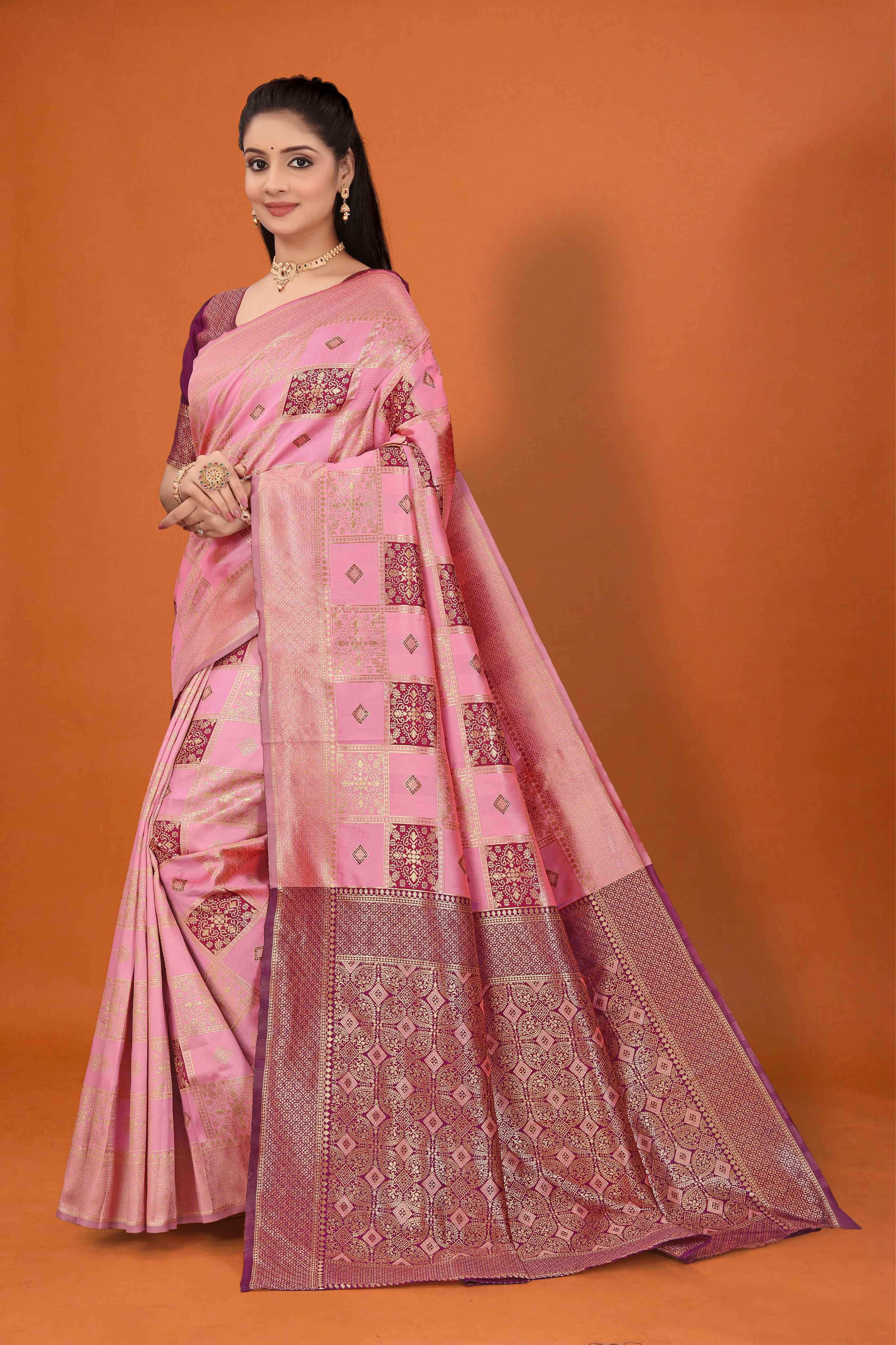 Banarasi Silk Saree for Women | Checkered Zari Design with Rich Pallu & Border
