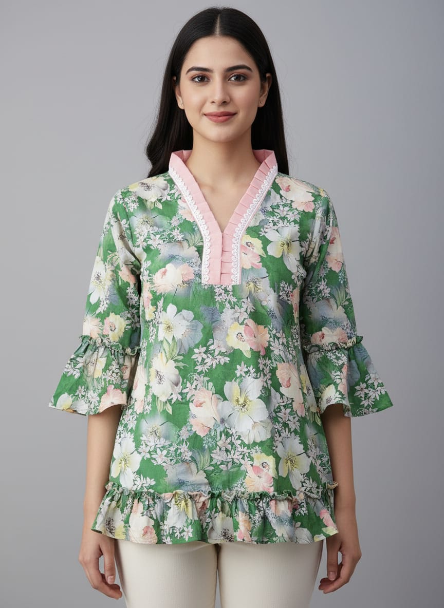 Women's Floral Print Bell Sleeve Kurti | V-Neck Designer Ethnic Tunic Top