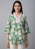 Women's Floral Print Bell Sleeve Kurti | V-Neck Designer Ethnic Tunic Top