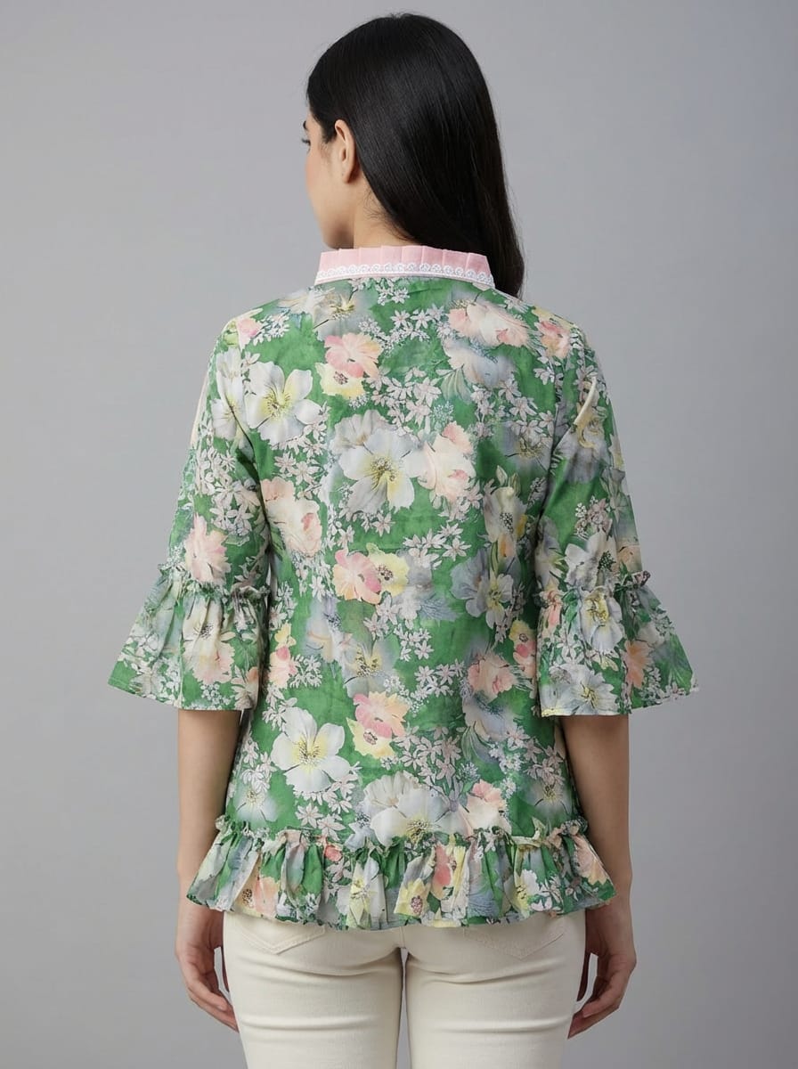 Women's Floral Print Bell Sleeve Kurti | V-Neck Designer Ethnic Tunic Top
