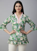 Women's Floral Print Bell Sleeve Kurti | V-Neck Designer Ethnic Tunic Top