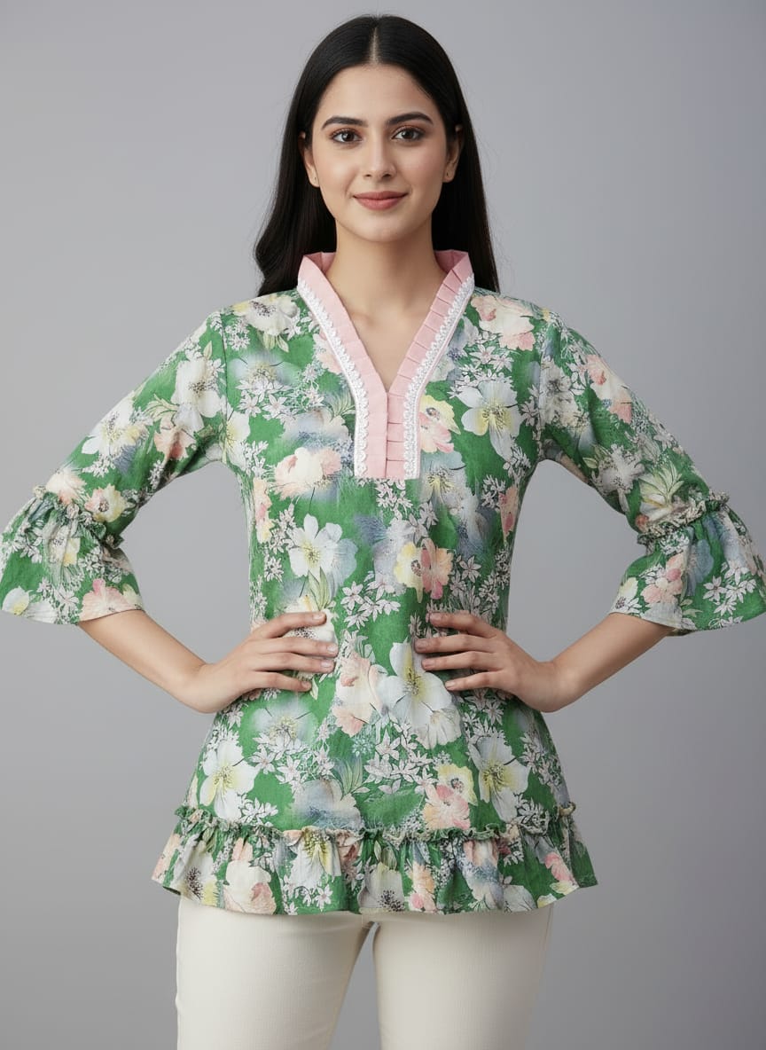 Women's Floral Print Bell Sleeve Kurti | V-Neck Designer Ethnic Tunic Top