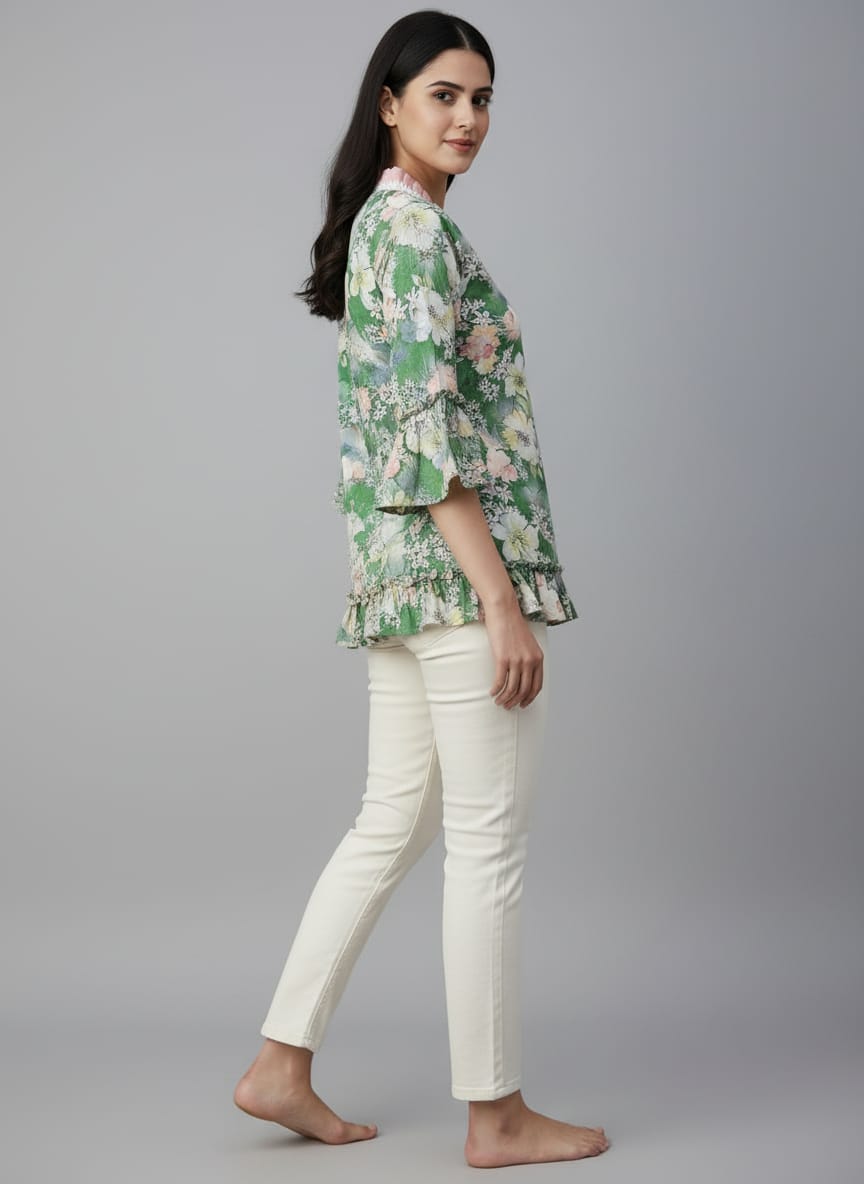 Women's Floral Print Bell Sleeve Kurti | V-Neck Designer Ethnic Tunic Top