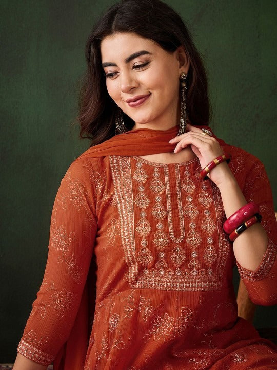 Rust Orange Kurta Set for Women with Dupatta – Festive Ethnic Wear