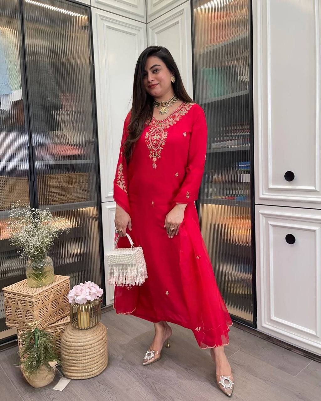 Red Silk Kurta Set with Gold Embroidery & Dupatta – Party & Wedding Wear