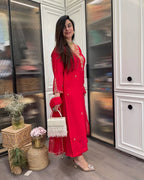 Red Silk Kurta Set with Gold Embroidery & Dupatta – Party & Wedding Wear
