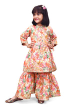 Girls Floral Kurti Sharara Set Beige Brown Festive Ethnic Wear Kids Wedding Outfit