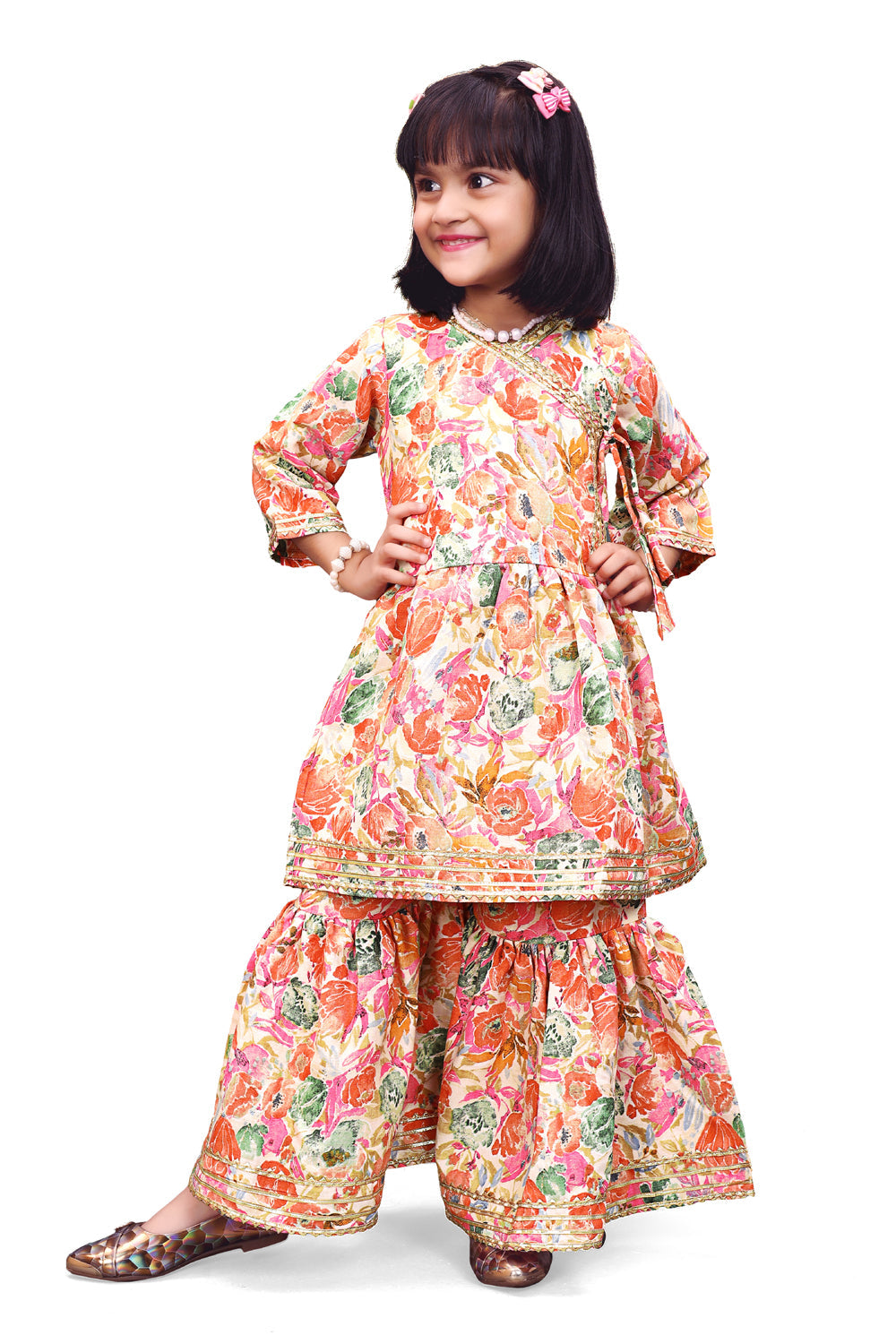 Girls Floral Kurti Sharara Set Beige Brown Festive Ethnic Wear Kids Wedding Outfit