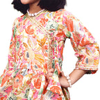 Girls Floral Kurti Sharara Set Beige Brown Festive Ethnic Wear Kids Wedding Outfit