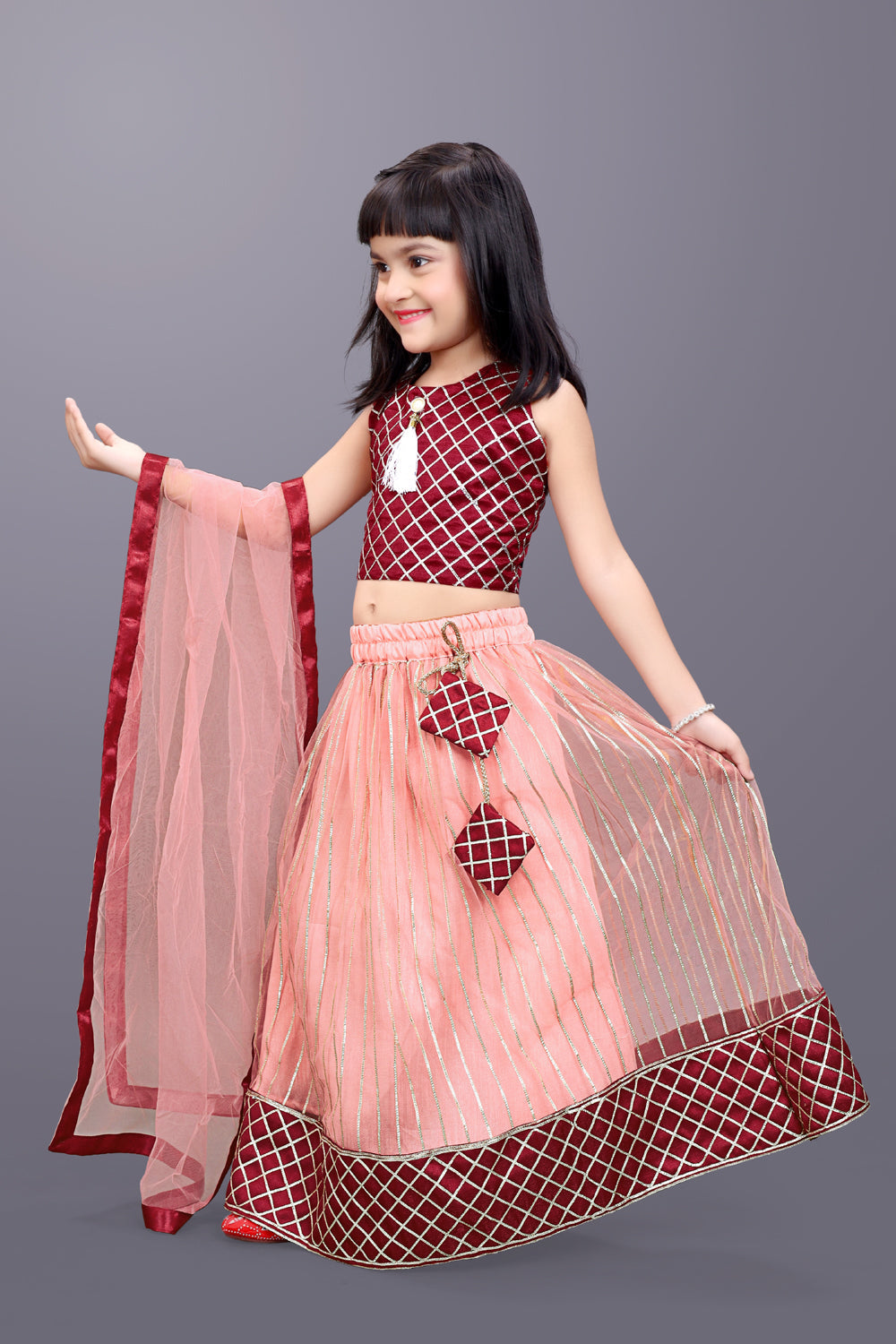 Girls Checkered Lehenga Choli with Dupatta – Festive Ethnic Wear
