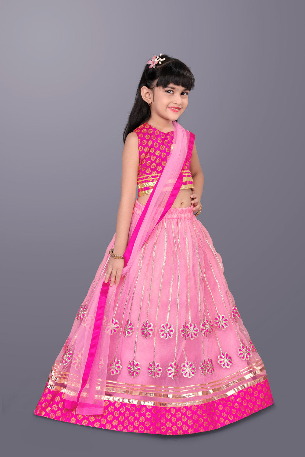 Girls Floral Embroidered Lehenga Choli Set with Dupatta