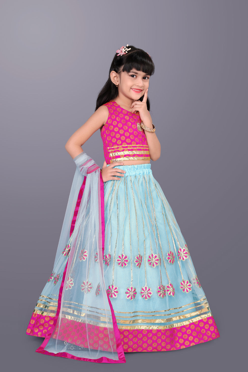 Girls Floral Embroidered Lehenga Choli Set with Dupatta