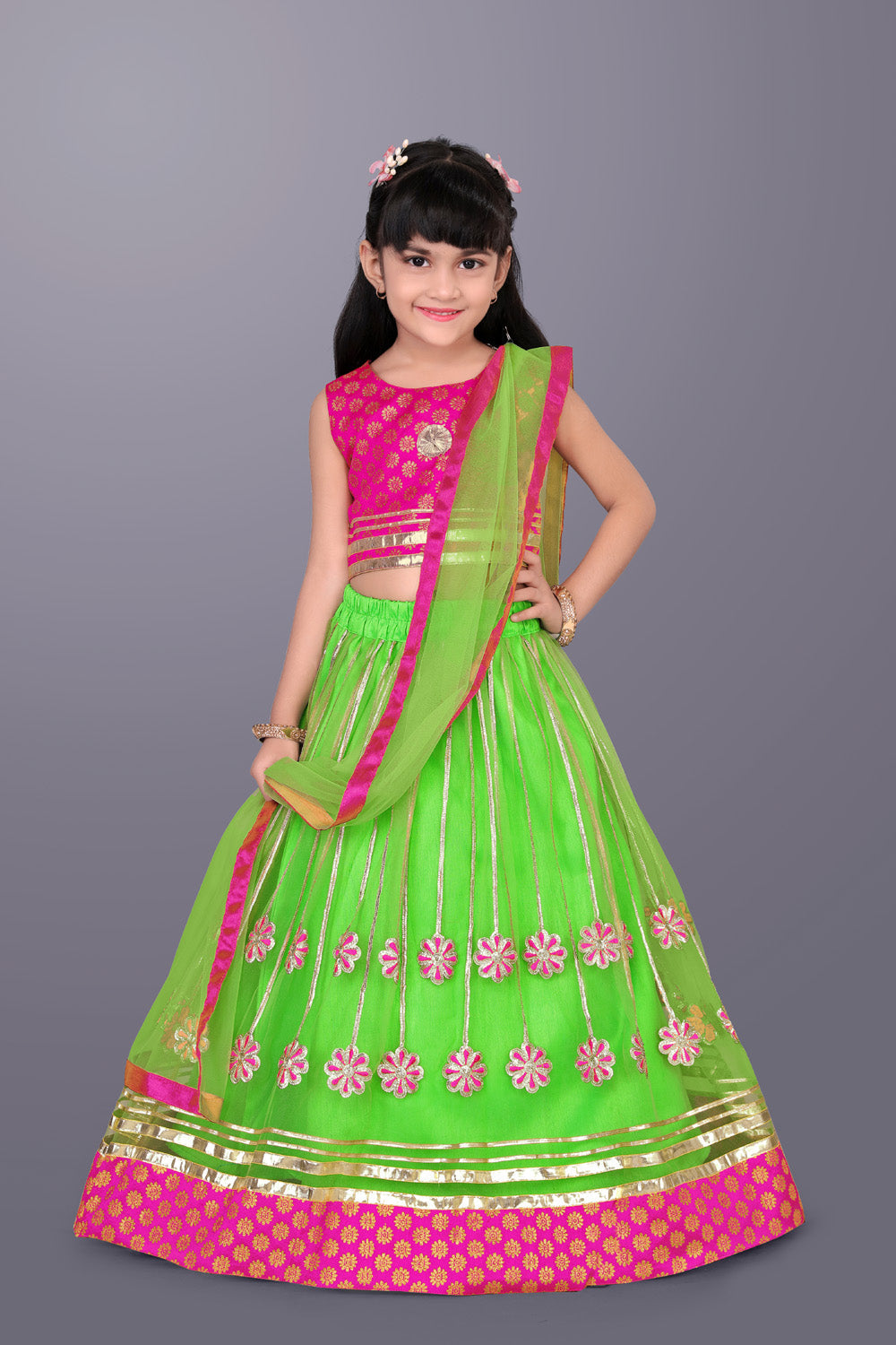 Girls Floral Embroidered Lehenga Choli Set with Dupatta